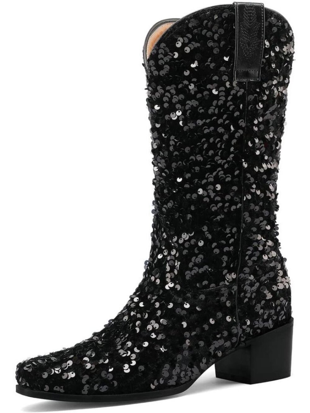 Women's Black Sparkly Mid Calf Glitter Wedding Chunky Heeled Cowgirl Boots